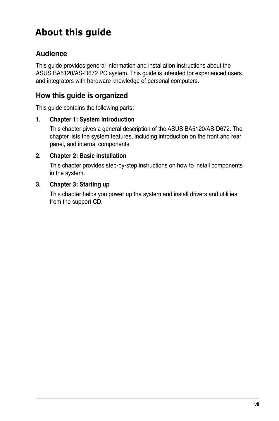 About this guide, Audience, How this guide is organized | Asus BA5120 User Manual | Page 7 / 42