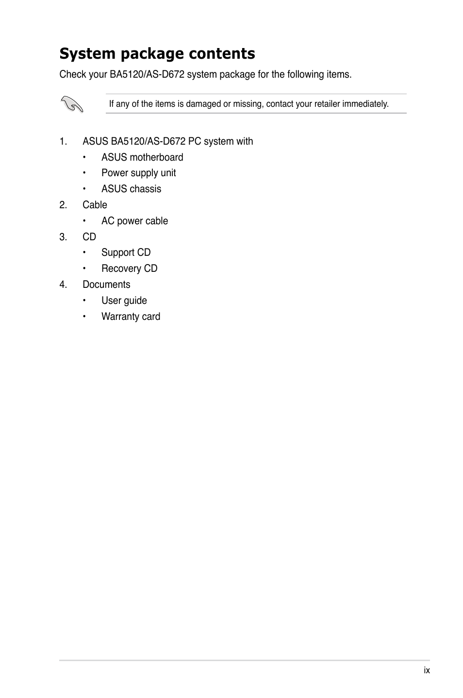 System package contents | Asus BA5120 User Manual | Page 9 / 42