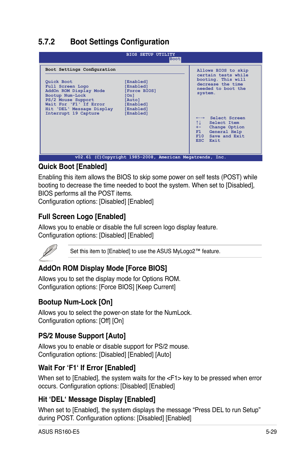 2 boot settings configuration, Boot settings configuration -29, Quick boot [enabled | Full screen logo [enabled, Addon rom display mode [force bios, Bootup num-lock [on, Ps/2 mouse support [auto, Wait for ‘f1‘ if error [enabled, Hit ‘del‘ message display [enabled | Asus RS160-E5 User Manual | Page 101 / 164