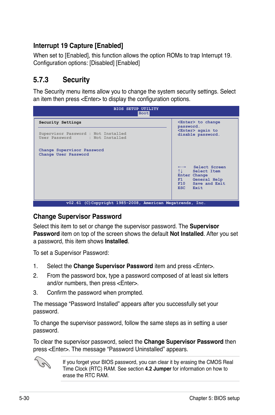 3 security, Security -30, Interrupt 19 capture [enabled | Change supervisor password | Asus RS160-E5 User Manual | Page 102 / 164