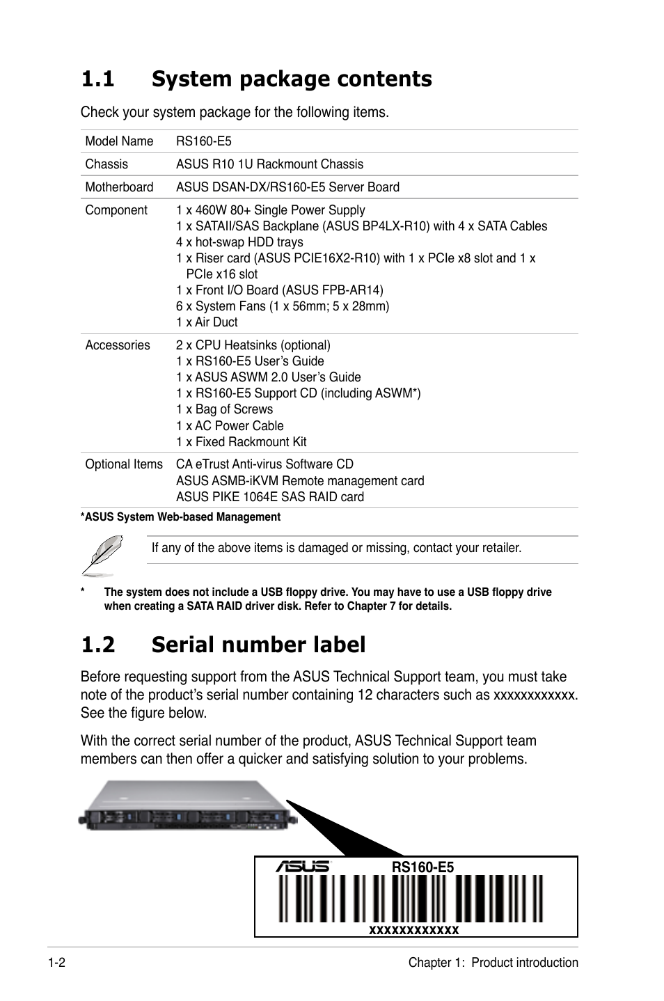 1 system package contents, 2 serial number label, System package contents -2 | Serial number label -2 | Asus RS160-E5 User Manual | Page 12 / 164