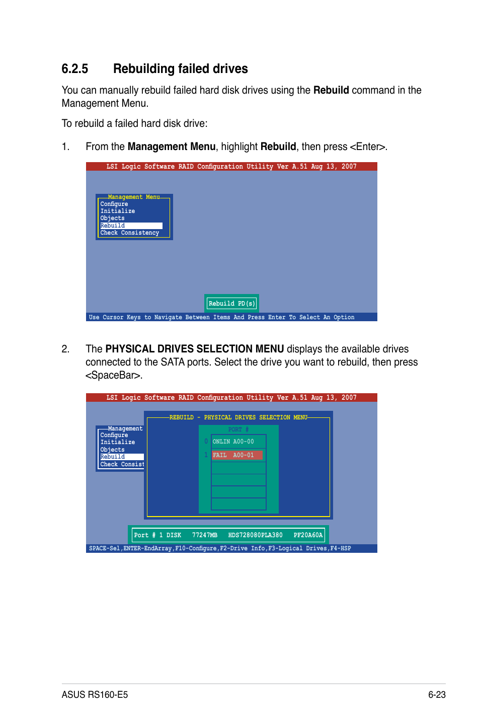 5 rebuilding failed drives, Rebuilding failed drives -23 | Asus RS160-E5 User Manual | Page 127 / 164