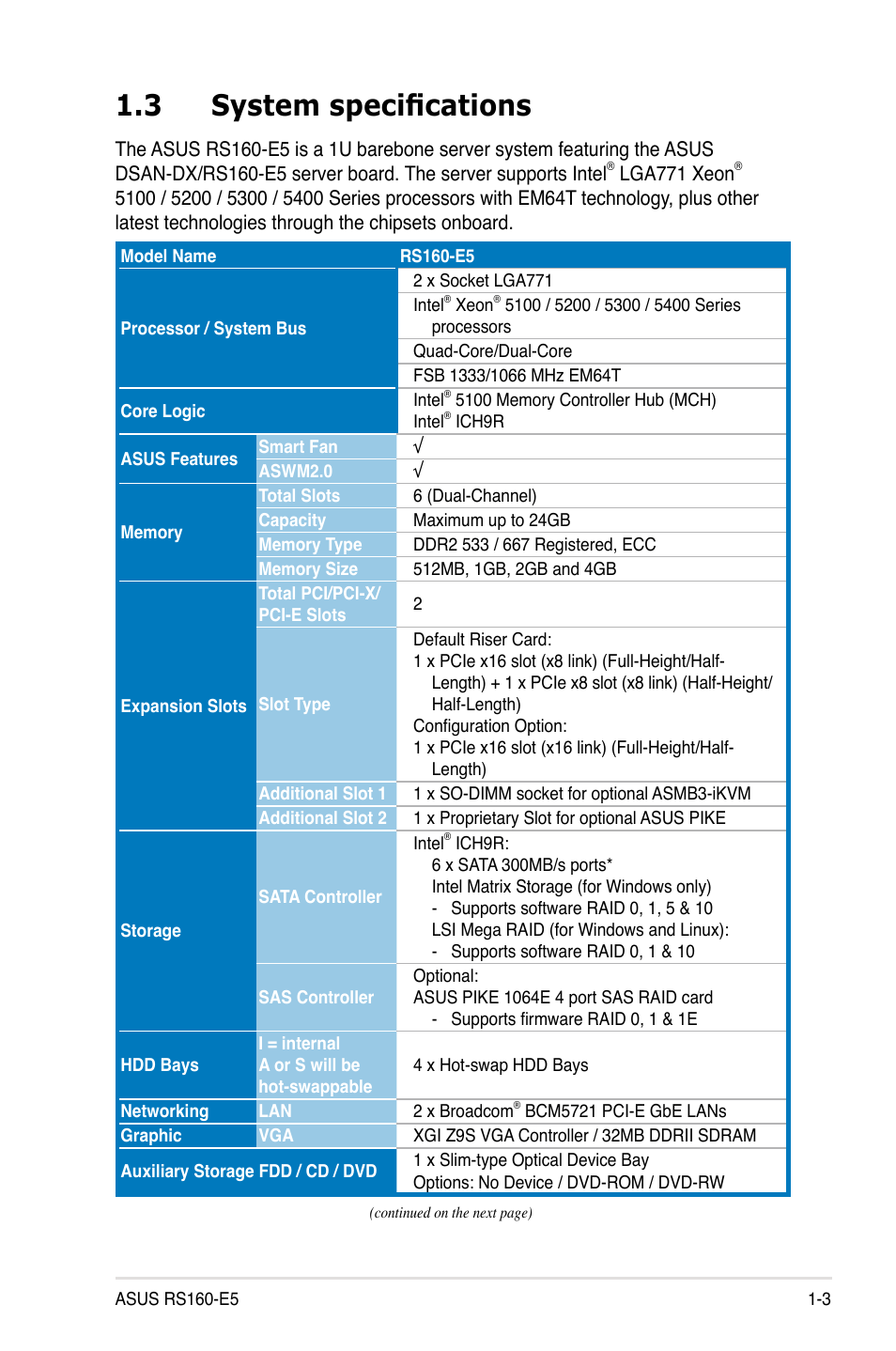 3 system specifications, System specifications -3 | Asus RS160-E5 User Manual | Page 13 / 164
