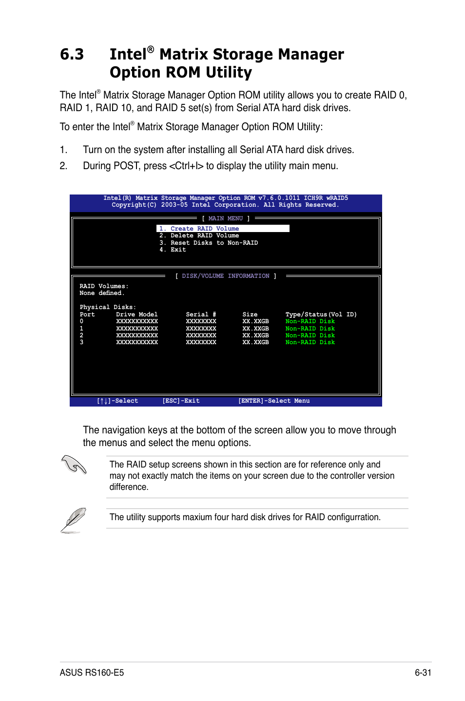 3 intel® matrix storage manager option rom utility, Intel, Matrix storage manager option rom utility -31 | 3 intel, Matrix storage manager option rom utility, The intel | Asus RS160-E5 User Manual | Page 135 / 164