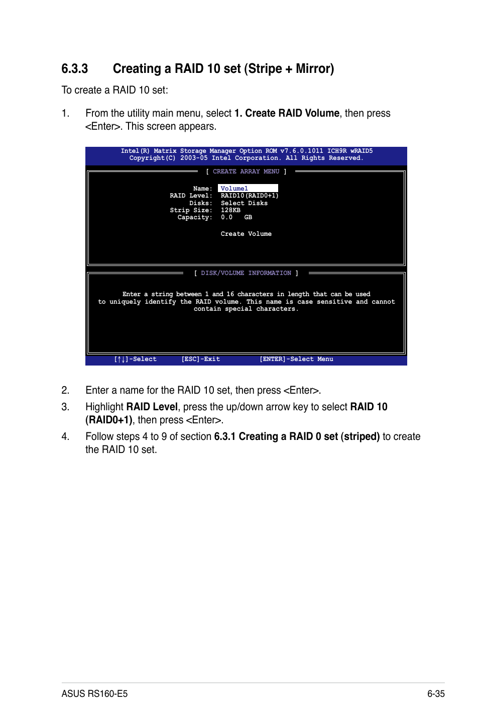 3 creating a raid 10 set (stripe + mirror), Creating a raid 10 set (stripe + mirror) -35 | Asus RS160-E5 User Manual | Page 139 / 164