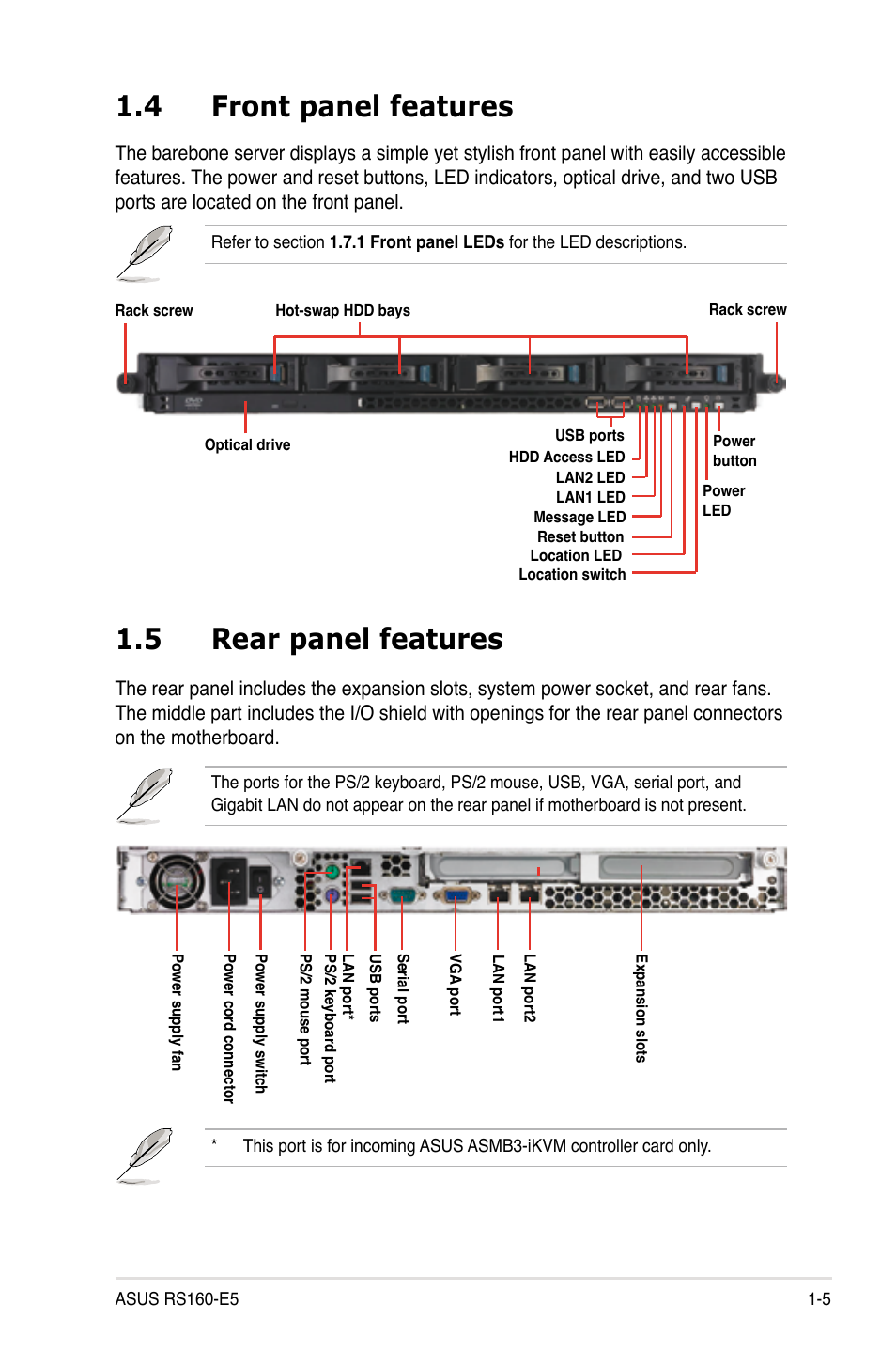 4 front panel features, 5 rear panel features, Front panel features -5 | Rear panel features -5 | Asus RS160-E5 User Manual | Page 15 / 164