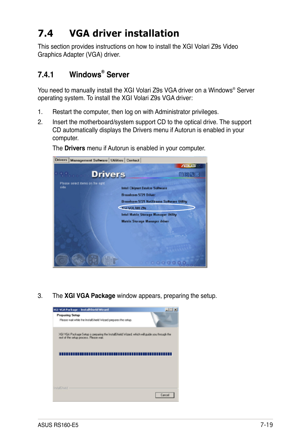 4 vga driver installation, 1 windows® server, Vga driver installation -19 7.4.1 | Windows, Server -19, 1 windows, Server | Asus RS160-E5 User Manual | Page 161 / 164