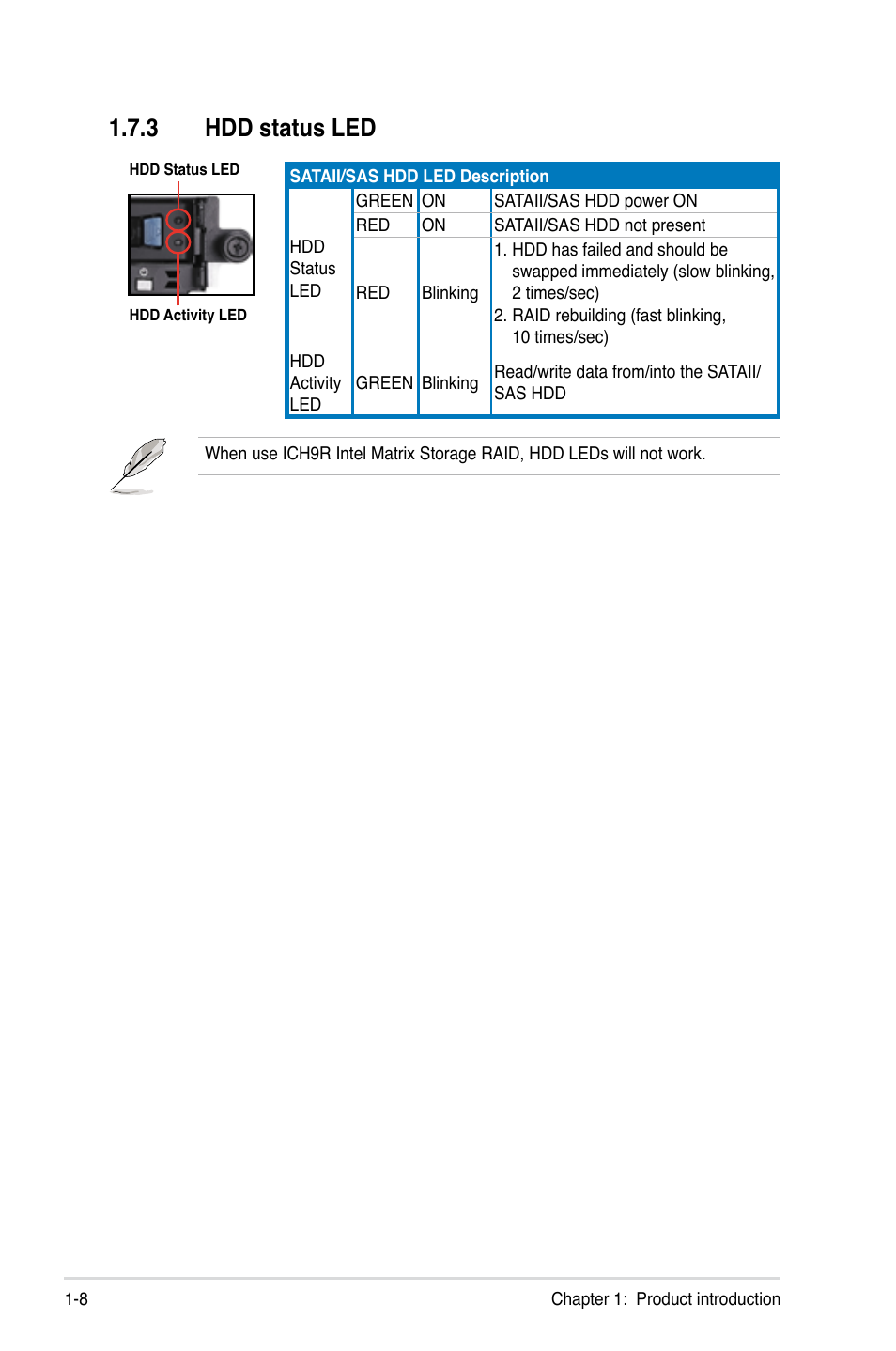 3 hdd status led, Hdd status led -8 | Asus RS160-E5 User Manual | Page 18 / 164