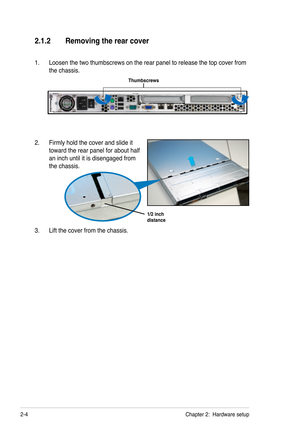 2 removing the rear cover, Removing the rear cover -4 | Asus RS160-E5 User Manual | Page 22 / 164