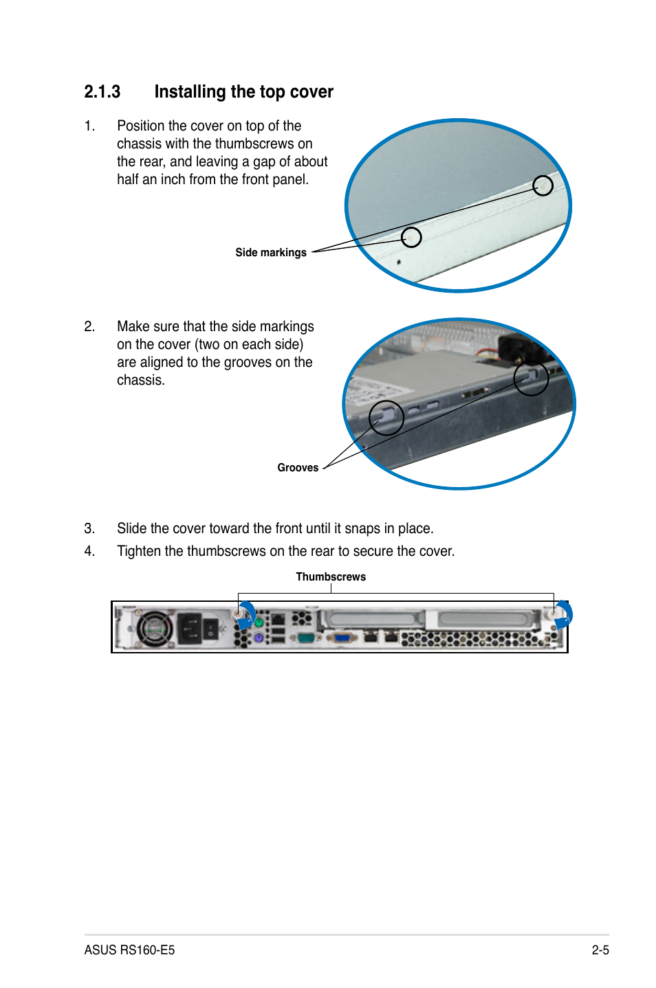 3 installing the top cover, Installing the top cover -5 | Asus RS160-E5 User Manual | Page 23 / 164