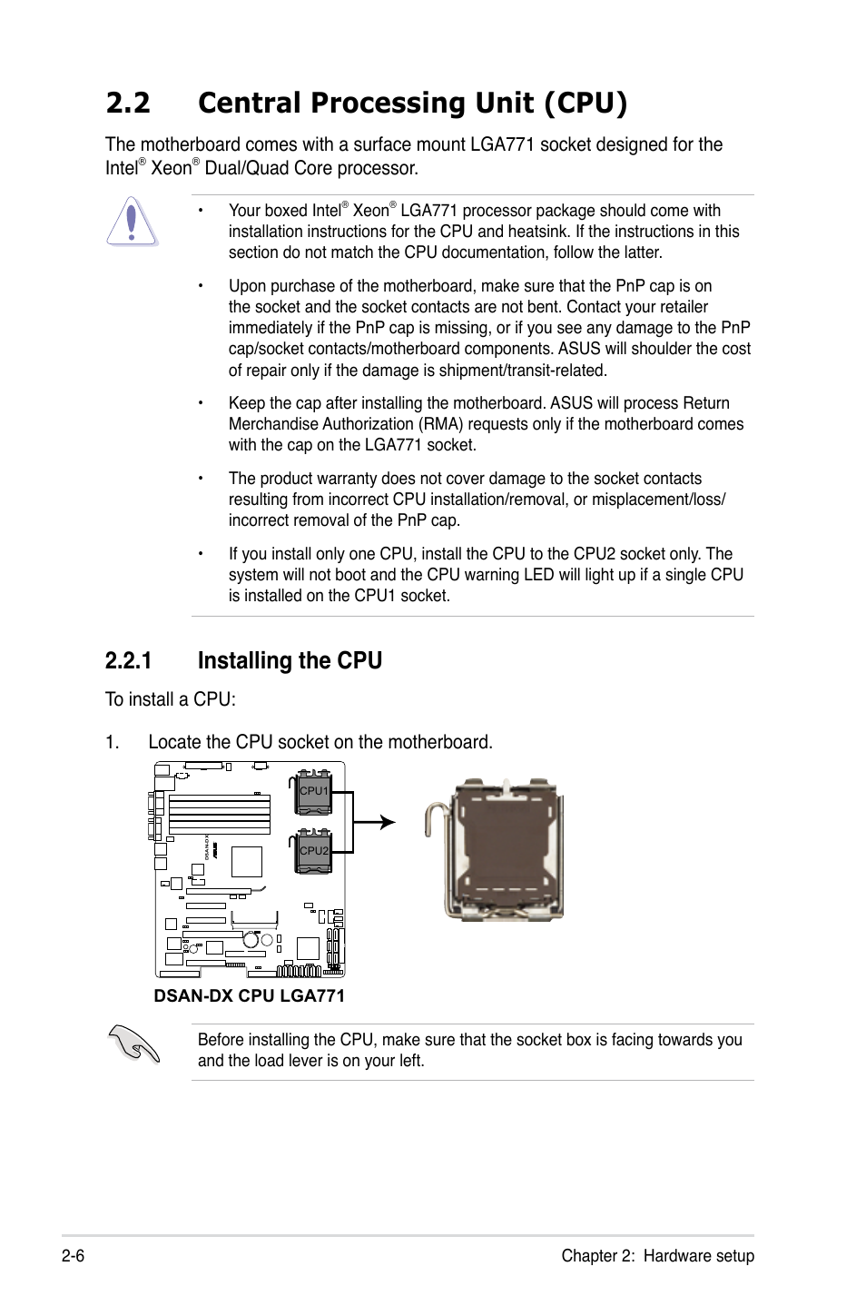 2 central processing unit (cpu), 1 installing the cpu, Central processing unit (cpu) -6 2.2.1 | Installing the cpu -6 | Asus RS160-E5 User Manual | Page 24 / 164