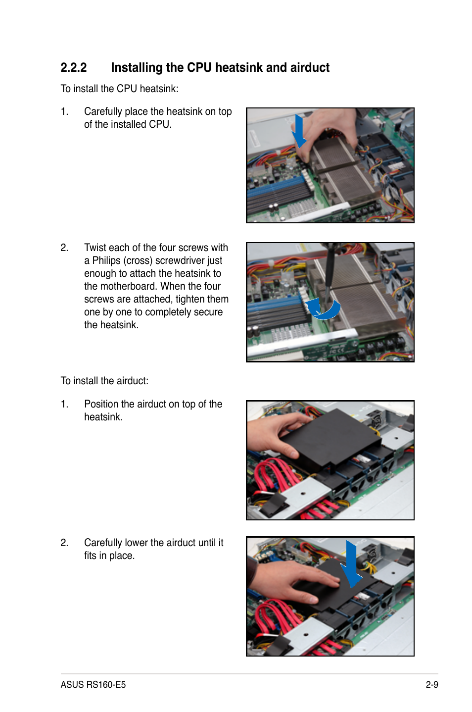 2 installing the cpu heatsink and airduct, Installing the cpu heatsink and airduct -9 | Asus RS160-E5 User Manual | Page 27 / 164