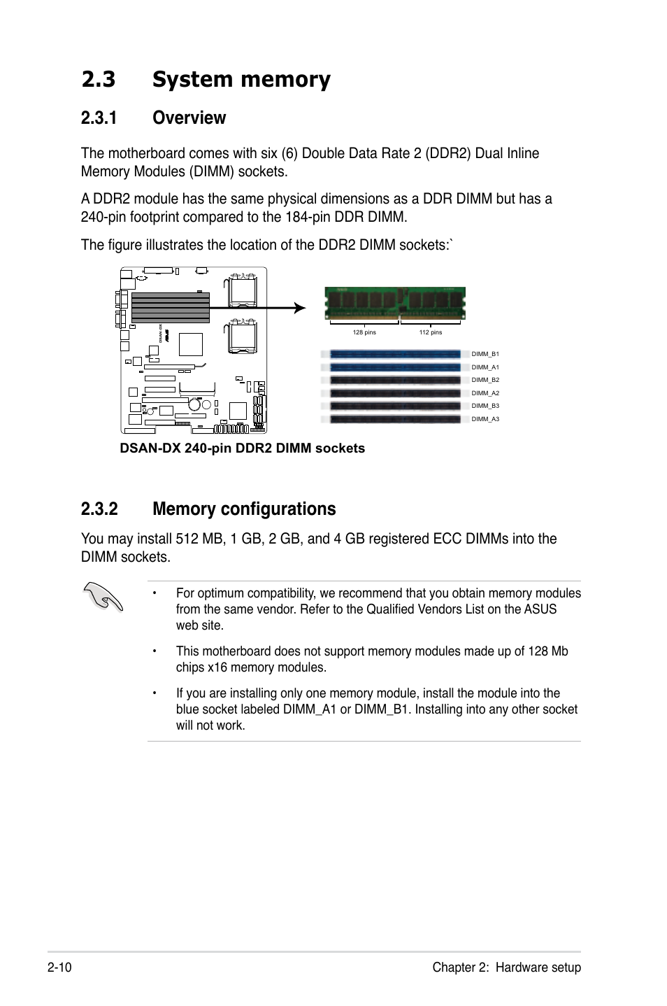 3 system memory, 1 overview, 2 memory configurations | System memory -10 2.3.1, Overview -10, Memory configurations -10 | Asus RS160-E5 User Manual | Page 28 / 164