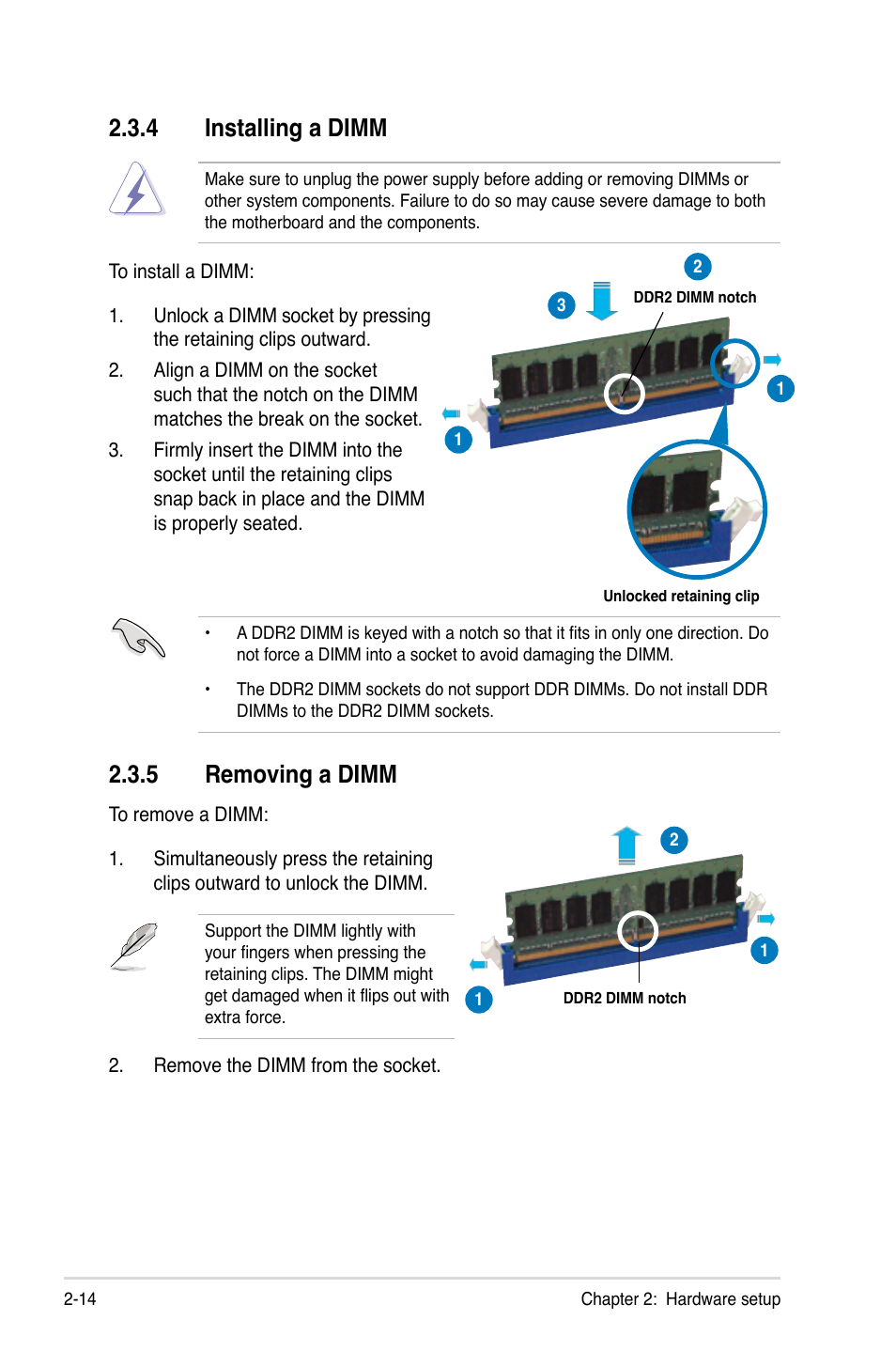 4 installing a dimm, 5 removing a dimm, Installing a dimm -14 | Removing a dimm -14 | Asus RS160-E5 User Manual | Page 32 / 164
