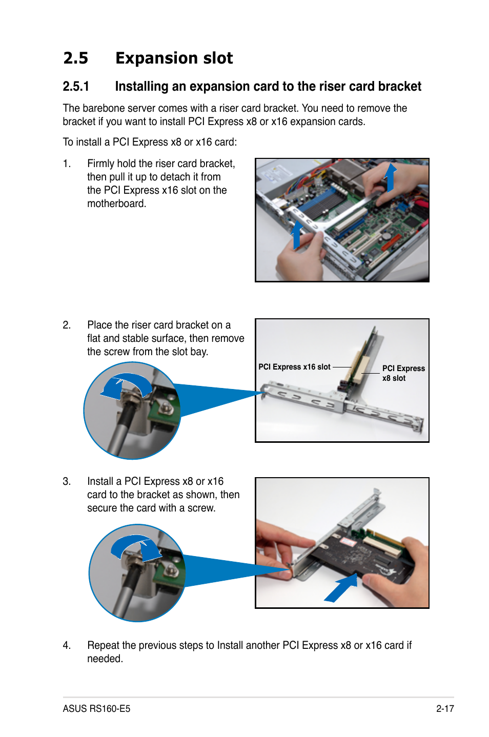 5 expansion slot, Expansion slot -17 2.5.1 | Asus RS160-E5 User Manual | Page 35 / 164