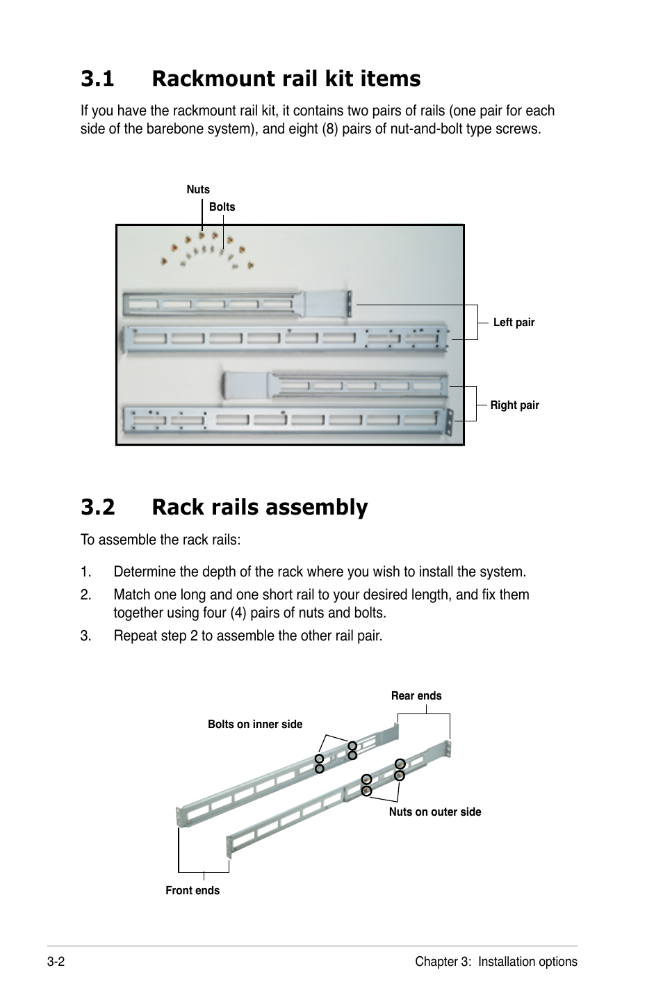 1 rackmount rail kit items, 2 rack rails assembly, Rackmount rail kit items -2 | Rack rails assembly -2 | Asus RS160-E5 User Manual | Page 52 / 164