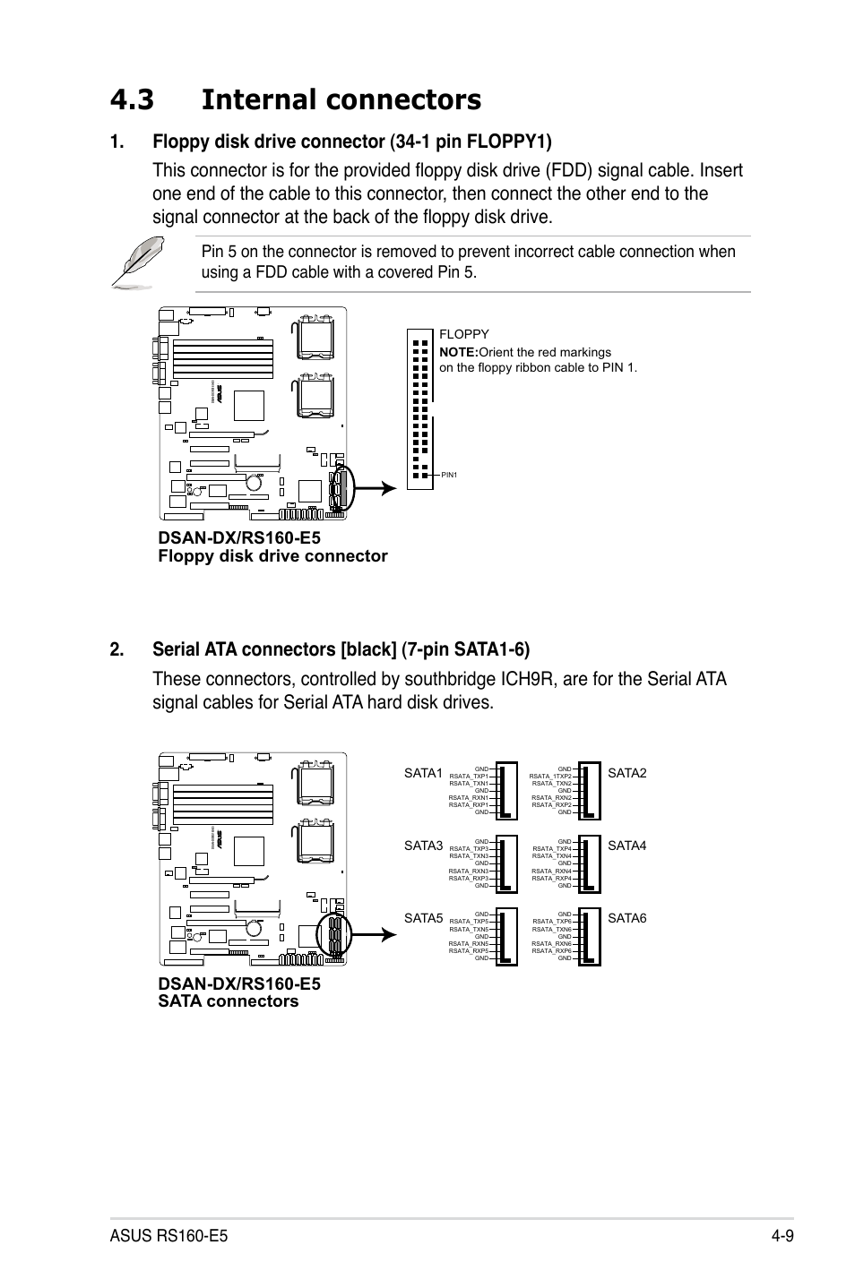 3 internal connectors, Internal connectors -9, Dsan-dx/rs160-e5 floppy disk drive connector | Dsan-dx/rs160-e5 sata connectors | Asus RS160-E5 User Manual | Page 63 / 164