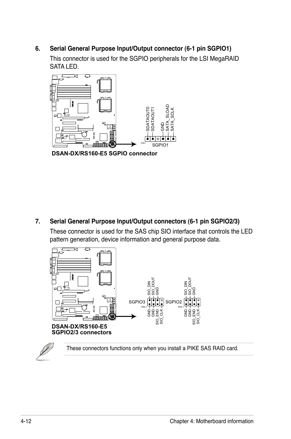 Chapter 4: motherboard information 4-12, Dsan-dx/rs160-e5 sgpio connector | Asus RS160-E5 User Manual | Page 66 / 164