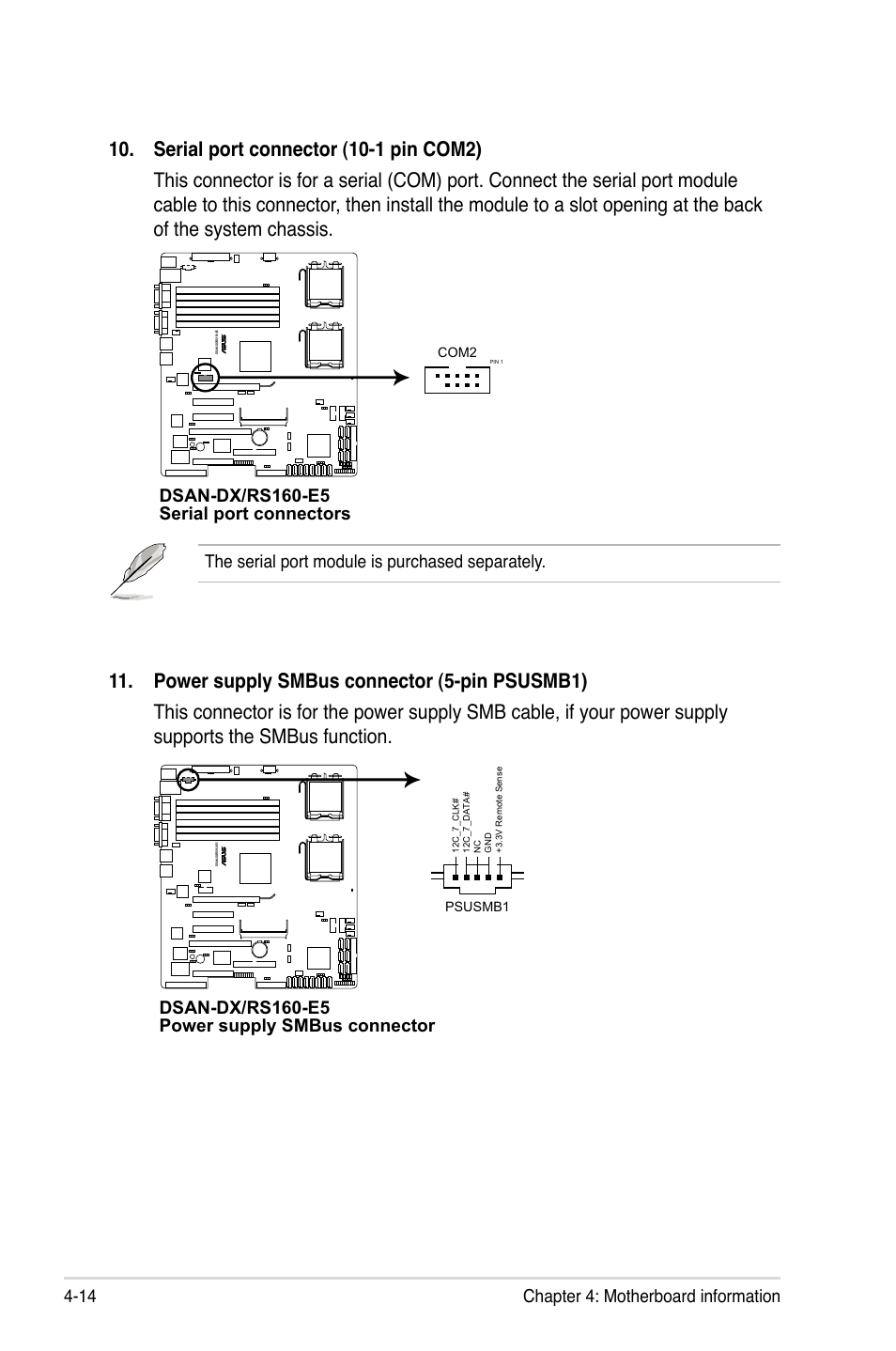 Chapter 4: motherboard information 4-14, The serial port module is purchased separately, Dsan-dx/rs160-e5 serial port connectors | Dsan-dx/rs160-e5 power supply smbus connector | Asus RS160-E5 User Manual | Page 68 / 164