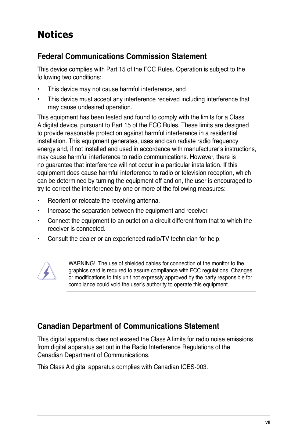 Notices, Federal communications commission statement, Canadian department of communications statement | Asus RS160-E5 User Manual | Page 7 / 164