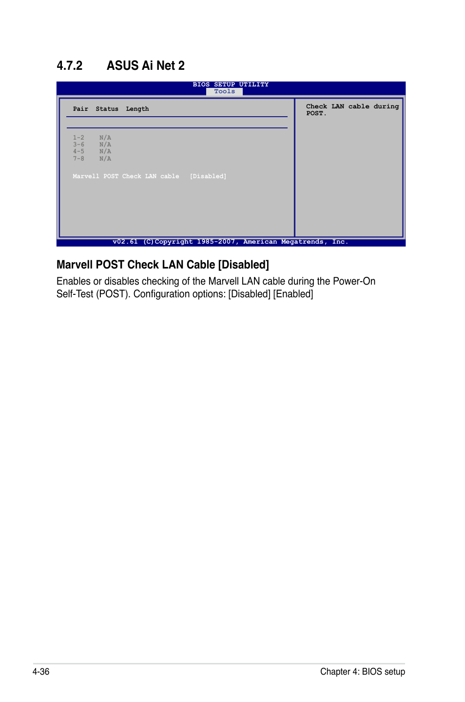 2 asus ai net 2, Asus ai net 2 -36, Marvell post check lan cable [disabled | Asus P5K/EPU User Manual | Page 100 / 150