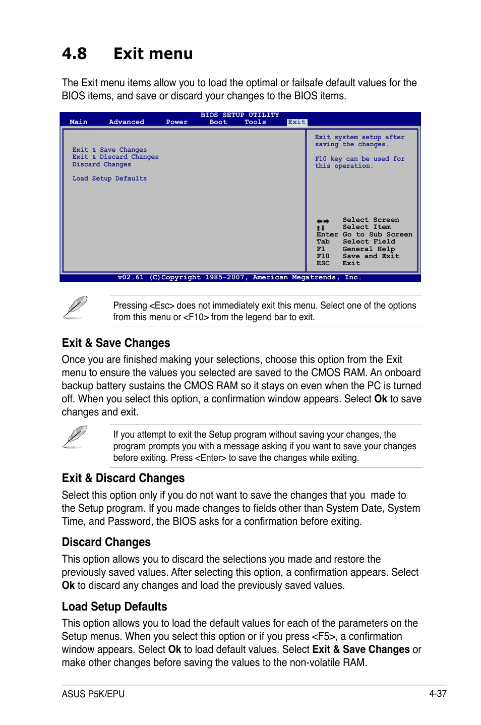 8 exit menu, Exit menu -37, Exit & save changes | Exit & discard changes, Discard changes, Load setup defaults | Asus P5K/EPU User Manual | Page 101 / 150