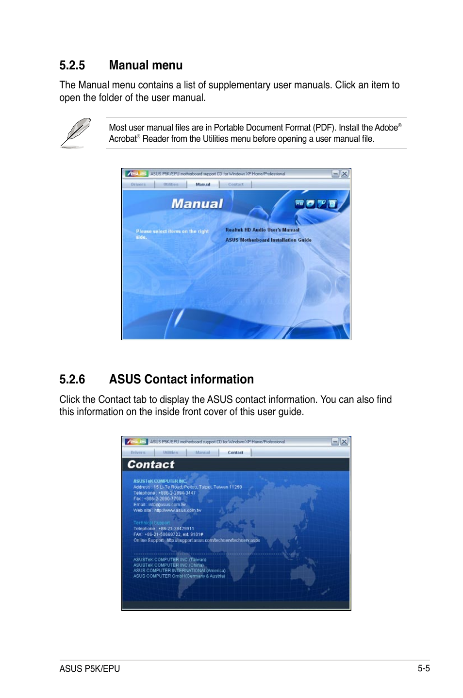 5 manual menu, 6 asus contact information, Manual menu -5 | Asus contact information -5 | Asus P5K/EPU User Manual | Page 109 / 150