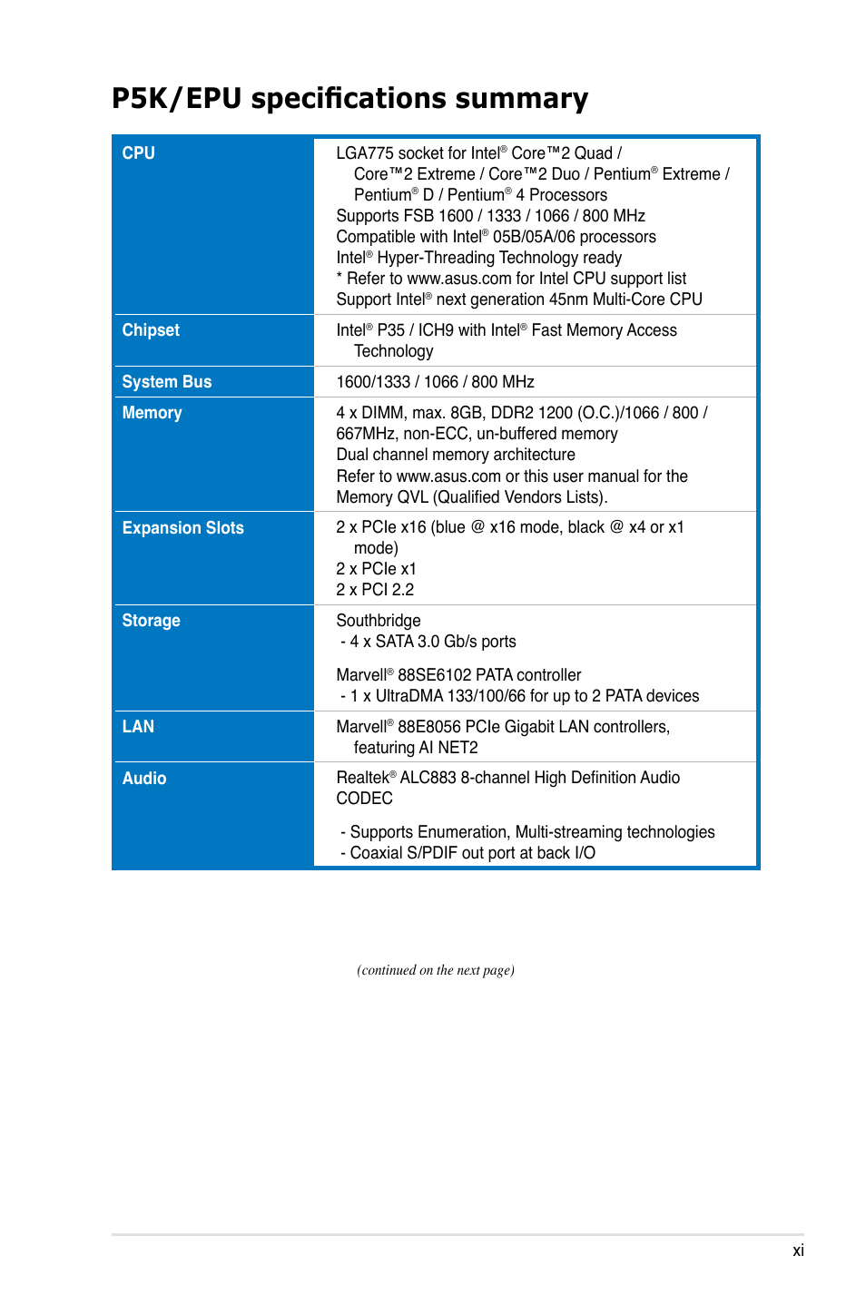 P5k/epu specifications summary | Asus P5K/EPU User Manual | Page 11 / 150