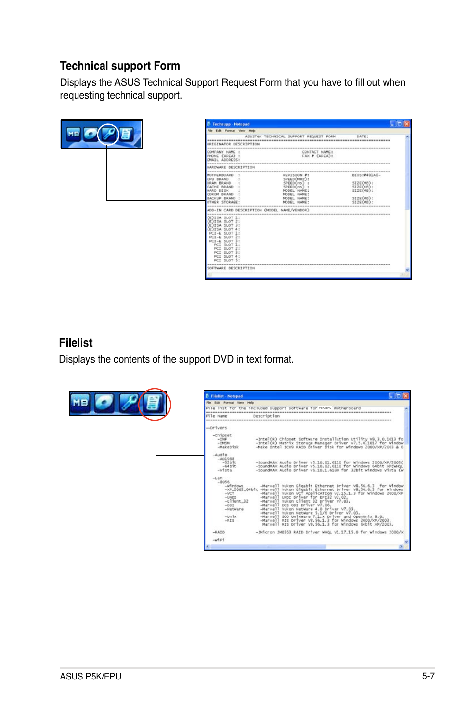 Technical support form, Filelist | Asus P5K/EPU User Manual | Page 111 / 150