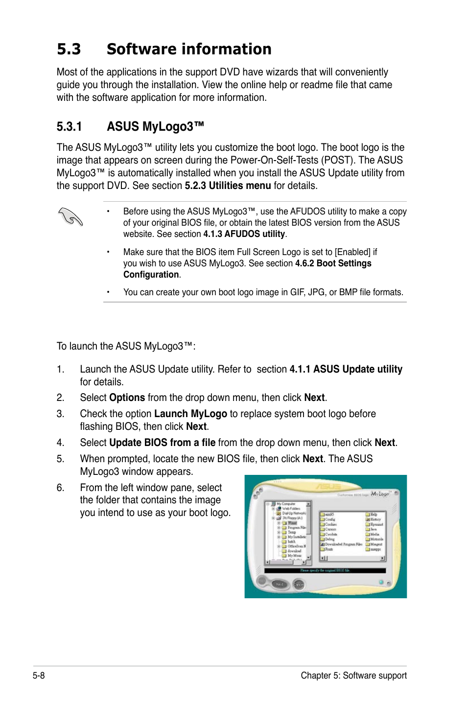 3 software information, 1 asus mylogo3, Software information -8 5.3.1 | Asus mylogo3™ -8 | Asus P5K/EPU User Manual | Page 112 / 150