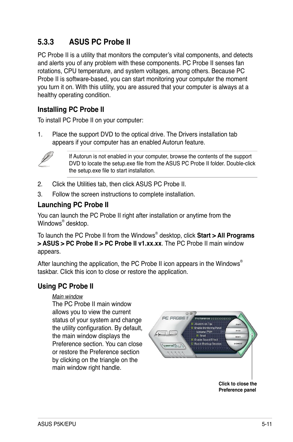 3 asus pc probe ii, Asus pc probe ii -11, Installing pc probe ii | Launching pc probe ii, Using pc probe ii | Asus P5K/EPU User Manual | Page 115 / 150