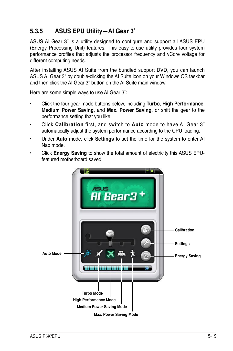 5 asus epu utility—ai gear 3, 5 asus epu utility—ai gear 3+ -19 | Asus P5K/EPU User Manual | Page 123 / 150