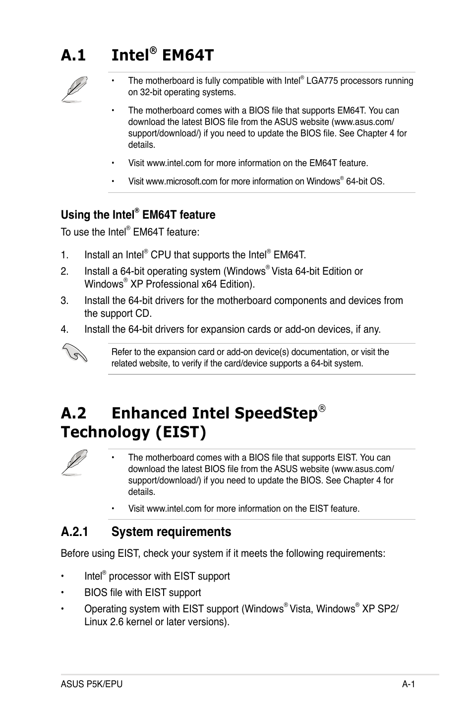 A.1 intel® em64t, A.2 enhanced intel speedstep® technology (eist), A.2.1 system requirements | Intel, Enhanced intel speedstep, Technology (eist) ........................a-1, A.2.1, A.1 intel, Em64t, A.2 enhanced intel speedstep | Asus P5K/EPU User Manual | Page 147 / 150