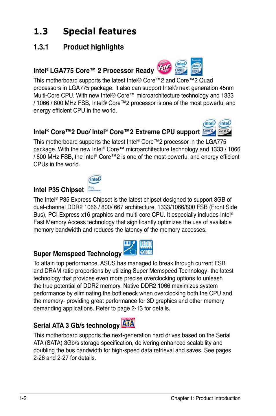 3 special features, Special features -2, 1 product highlights | Asus P5K/EPU User Manual | Page 18 / 150