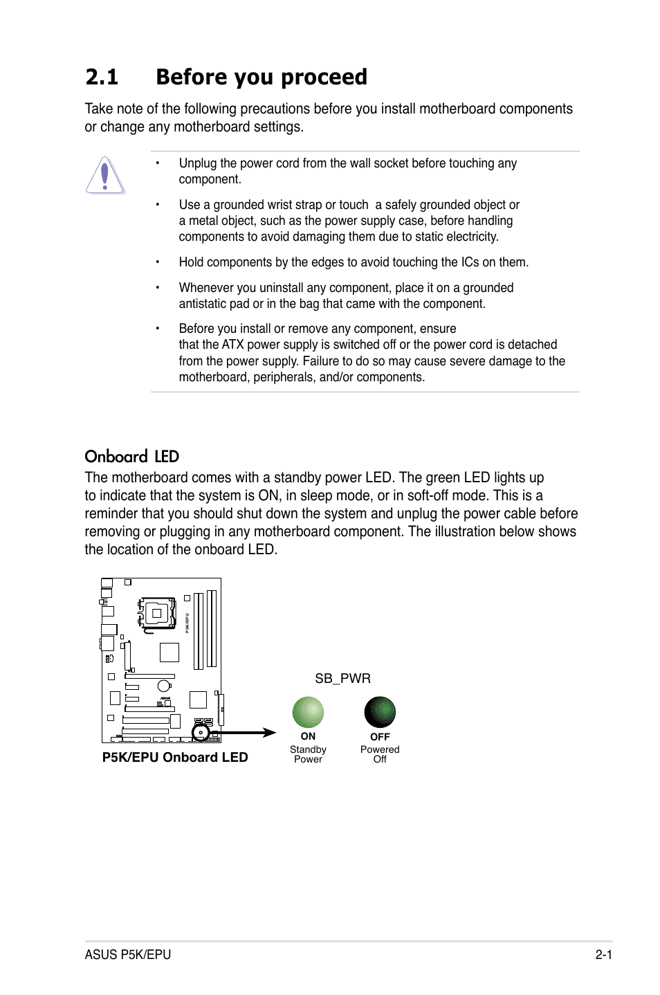 1 before you proceed, Before you proceed -1, Onboard led | Asus P5K/EPU User Manual | Page 25 / 150