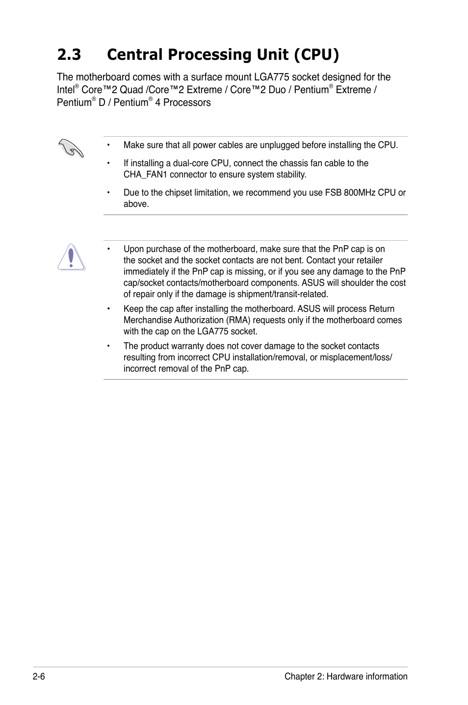 3 central processing unit (cpu), Central processing unit (cpu) -6 | Asus P5K/EPU User Manual | Page 30 / 150