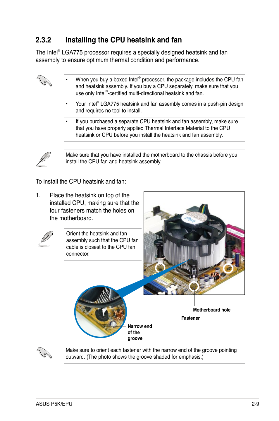 2 installing the cpu heatsink and fan, Installing the cpu heatsink and fan -9 | Asus P5K/EPU User Manual | Page 33 / 150