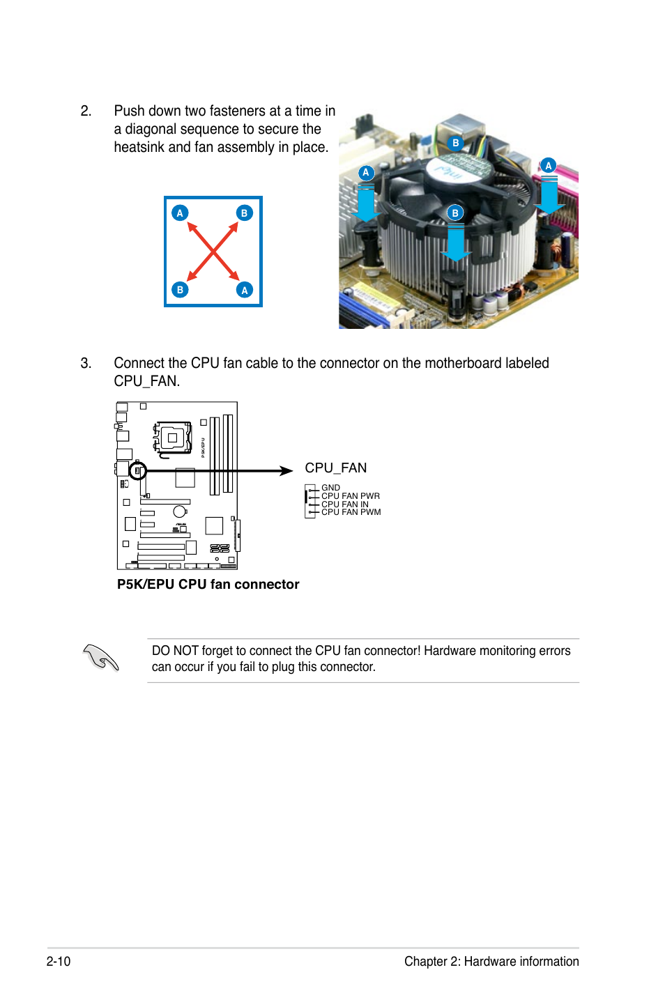 10 chapter 2: hardware information, P5k/epu cpu fan connector cpu_fan | Asus P5K/EPU User Manual | Page 34 / 150