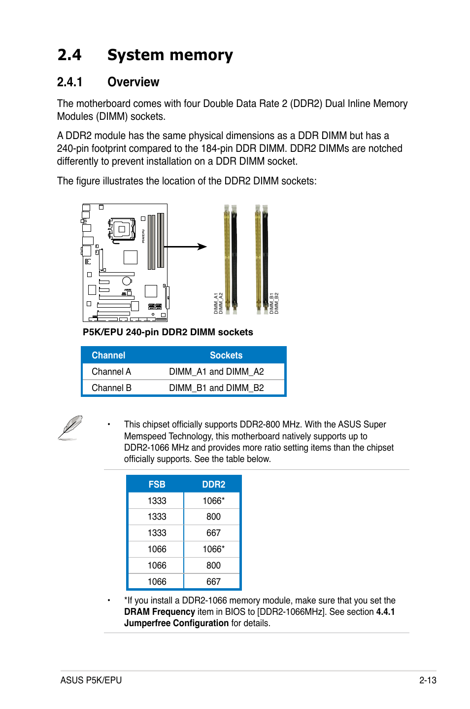 4 system memory, 1 overview, System memory -13 2.4.1 | Overview -13 | Asus P5K/EPU User Manual | Page 37 / 150