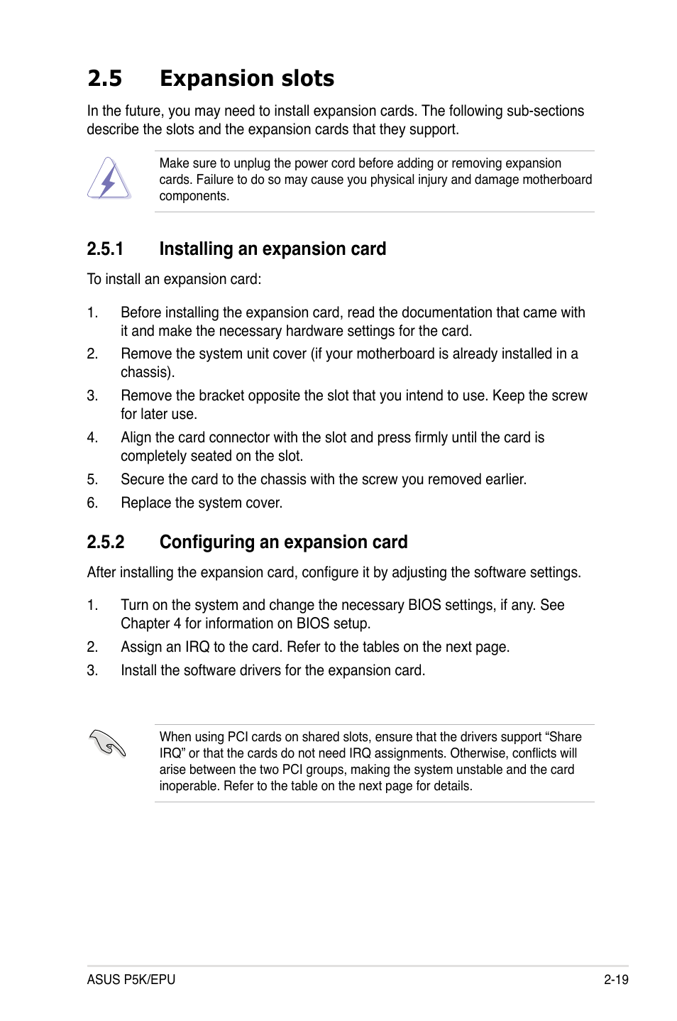 5 expansion slots, 1 installing an expansion card, 2 configuring an expansion card | Expansion slots -19 2.5.1, Installing an expansion card -19, Configuring an expansion card -19 | Asus P5K/EPU User Manual | Page 43 / 150