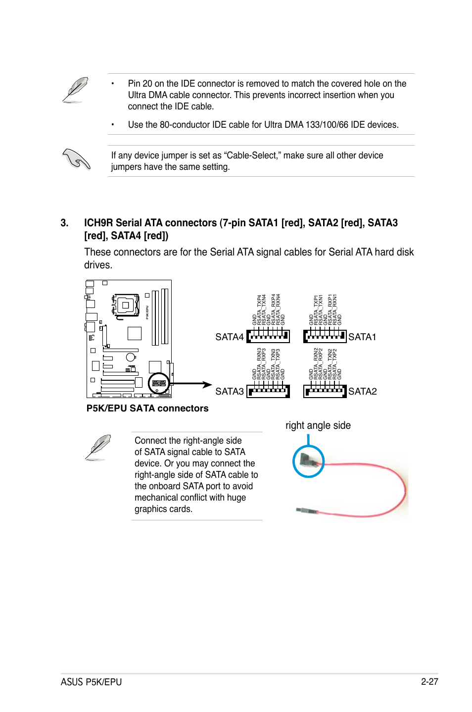 Right angle side, Asus p5k/epu 2-27, P5k/epu sata connectors sata1 | Asus P5K/EPU User Manual | Page 51 / 150