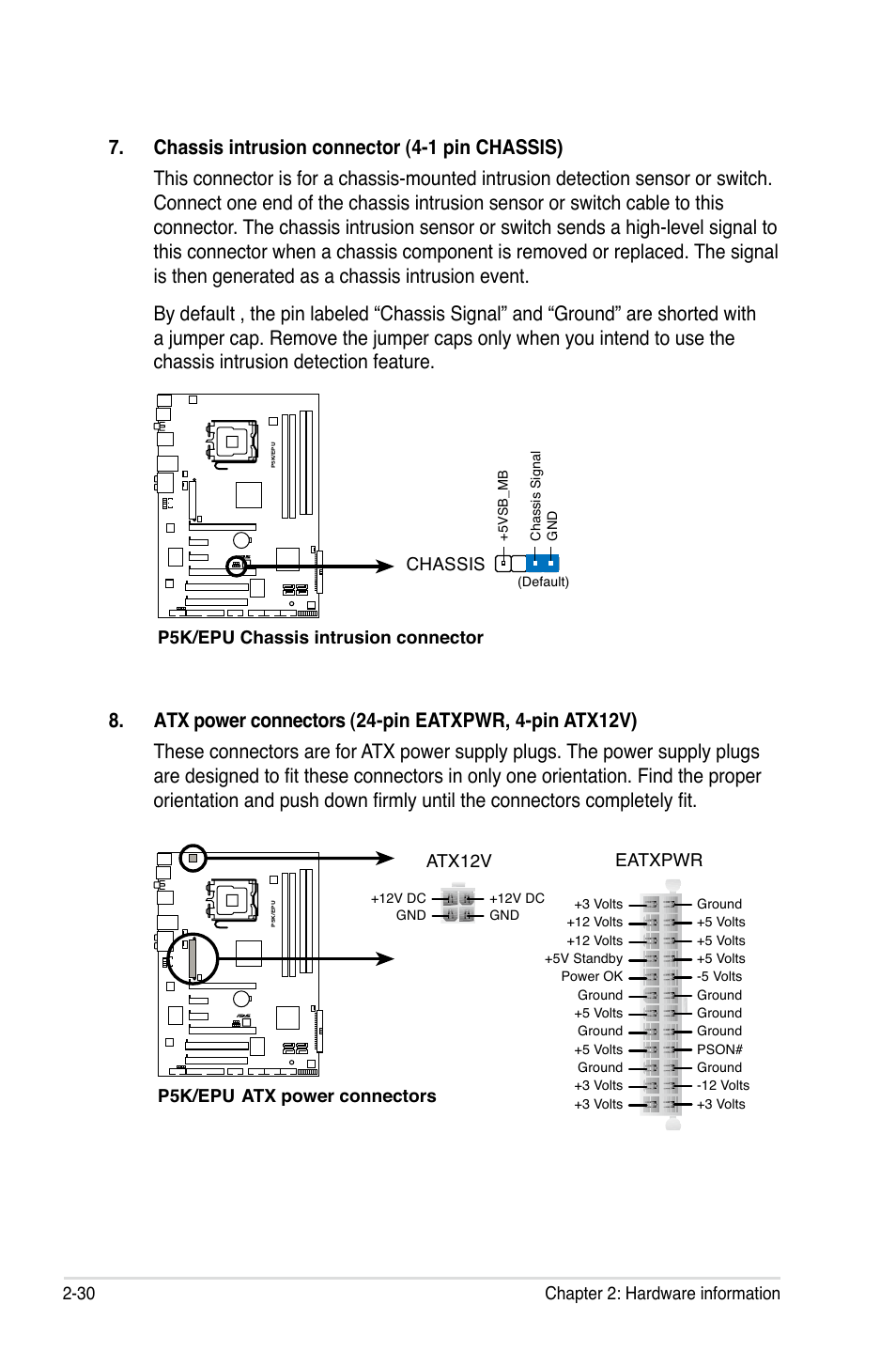 30 chapter 2: hardware information, P5k/epu chassis intrusion connector chassis, P5k/epu atx power connectors eatxpwr | Atx12v | Asus P5K/EPU User Manual | Page 54 / 150