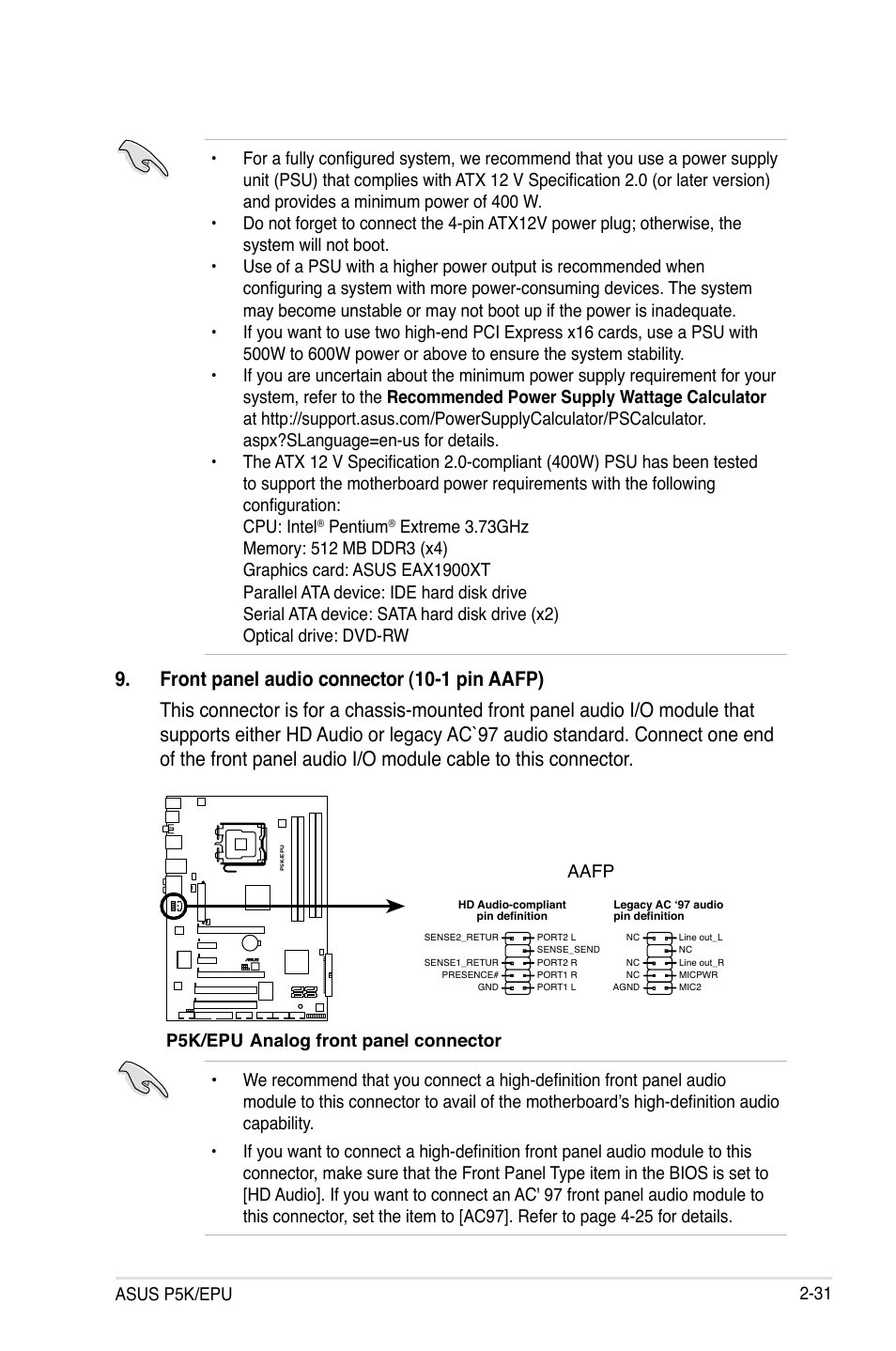 Pentium, P5k/epu analog front panel connector aafp | Asus P5K/EPU User Manual | Page 55 / 150