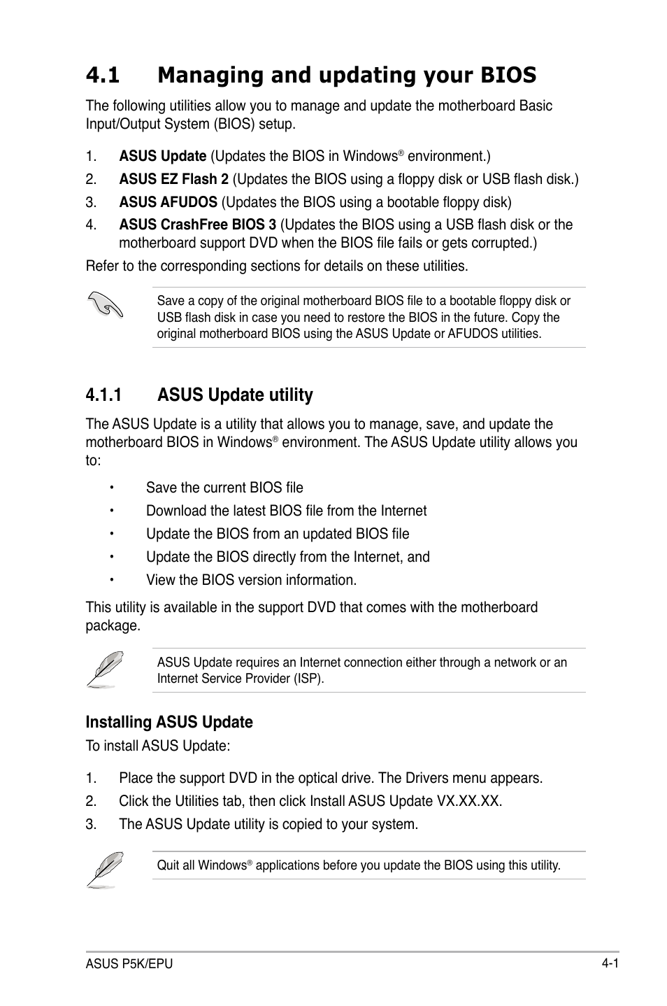 1 managing and updating your bios, 1 asus update utility, Managing and updating your bios -1 4.1.1 | Asus update utility -1 | Asus P5K/EPU User Manual | Page 65 / 150