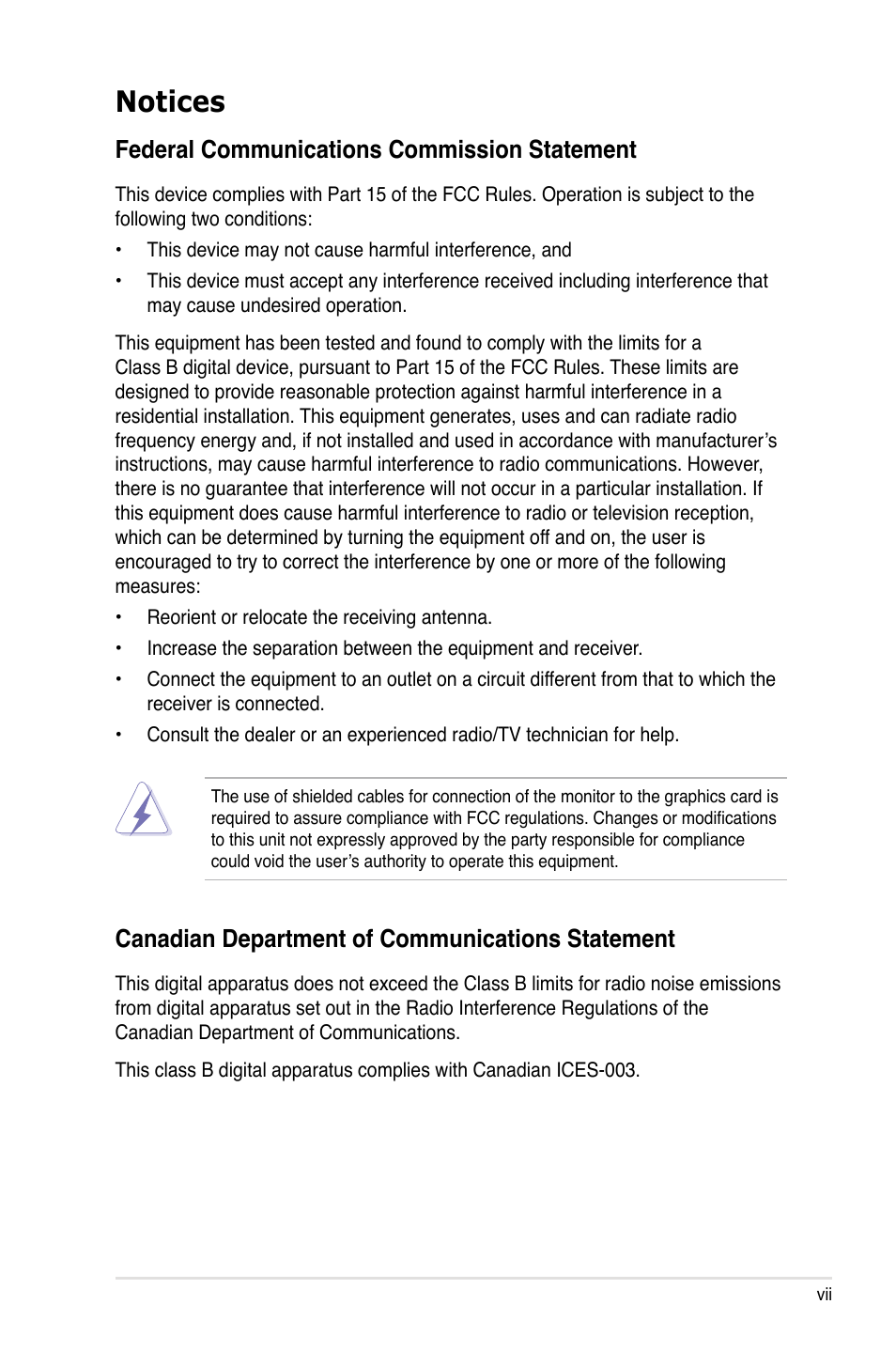 Notices, Federal communications commission statement, Canadian department of communications statement | Asus P5K/EPU User Manual | Page 7 / 150