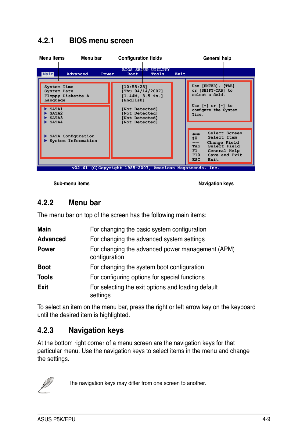 1 bios menu screen, 2 menu bar, 3 navigation keys | Bios menu screen -9, Menu bar -9, Navigation keys -9 | Asus P5K/EPU User Manual | Page 73 / 150