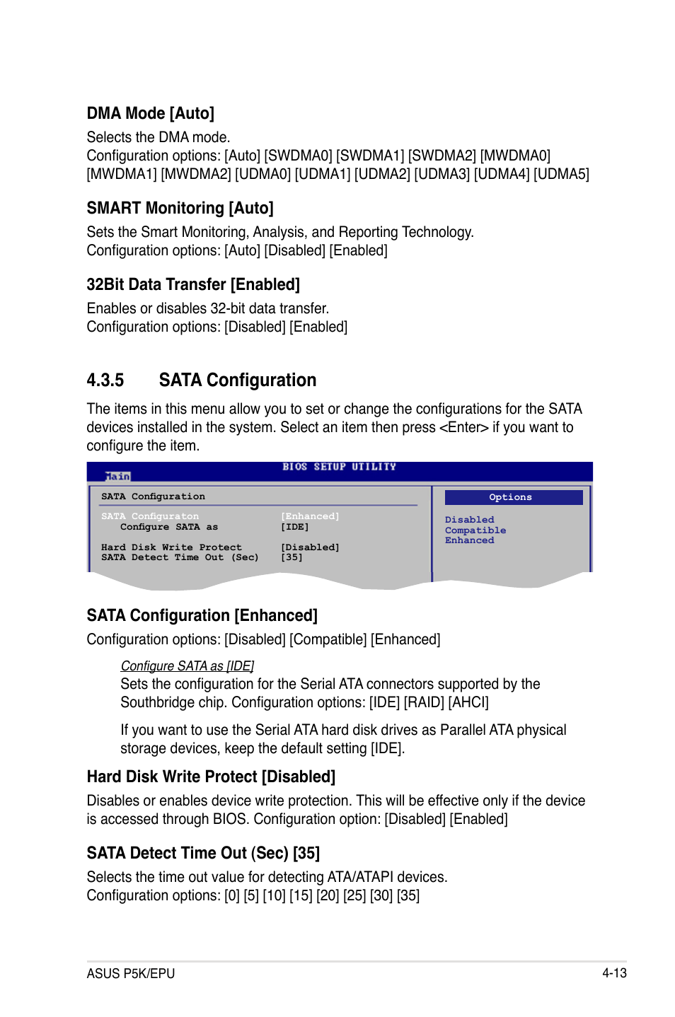 5 sata configuration, Sata configuration -13, Dma mode [auto | Smart monitoring [auto, 32bit data transfer [enabled, Sata configuration [enhanced, Hard disk write protect [disabled, Sata detect time out (sec) [35 | Asus P5K/EPU User Manual | Page 77 / 150