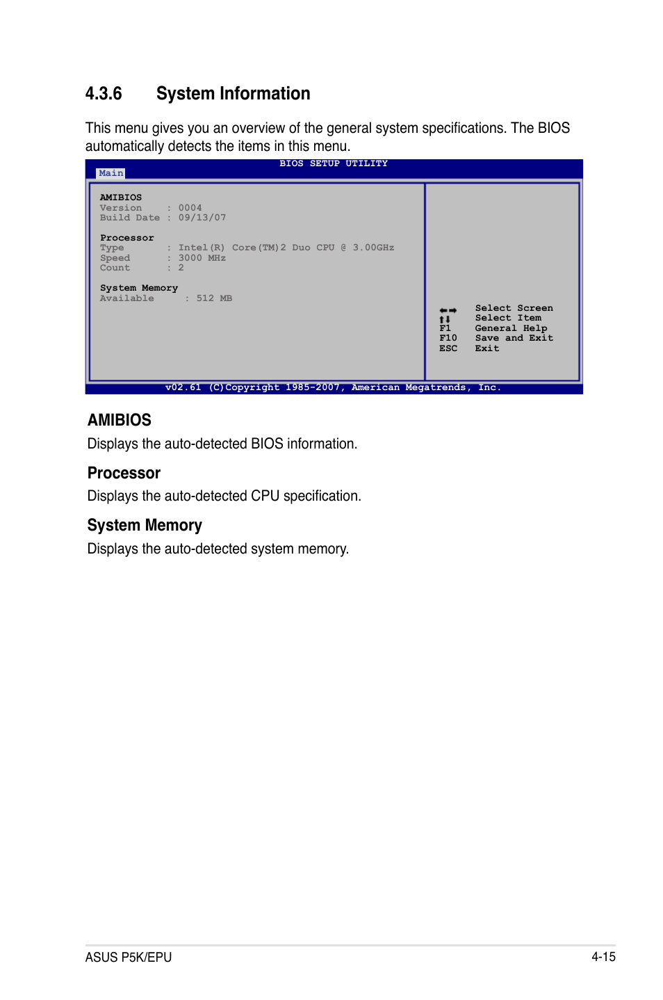 6 system information, System information -15, Amibios | Processor, Displays the auto-detected bios information, Displays the auto-detected cpu specification | Asus P5K/EPU User Manual | Page 79 / 150