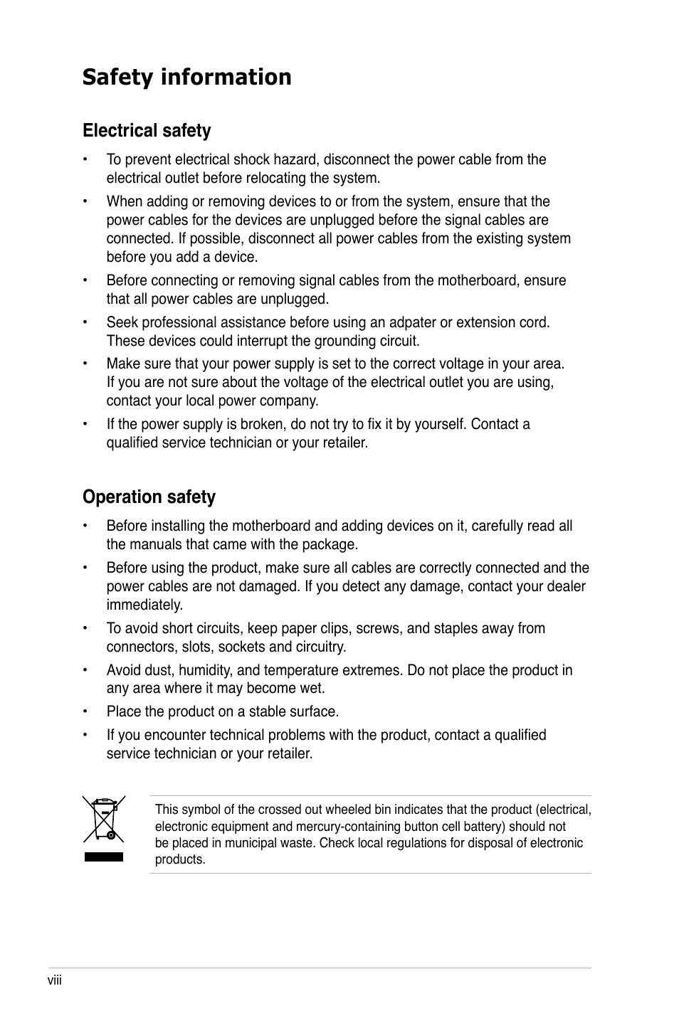 Safety information, Electrical safety, Operation safety | Asus P5K/EPU User Manual | Page 8 / 150