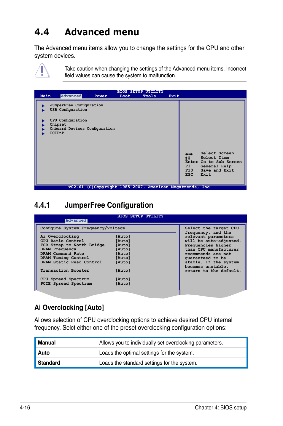 4 advanced menu, 1 jumperfree configuration, Advanced menu -16 4.4.1 | Jumperfree configuration -16, Ai overclocking [auto | Asus P5K/EPU User Manual | Page 80 / 150